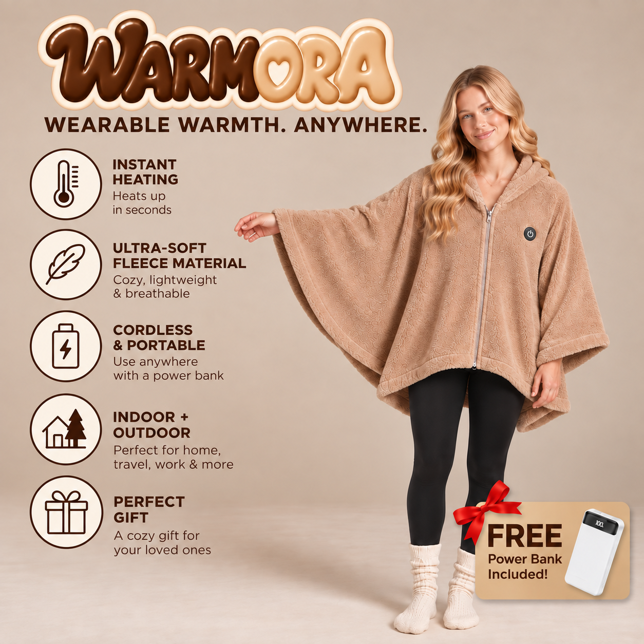 Warmora wearable warmth benefits with power bank included